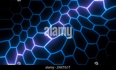 Liquid pattern of neon hexagons. Motion. Neon lines in moving pattern of hexagons in distorted space. Neon hexagons move like liquid distorted texture Stock Photo