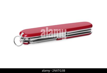 Compact portable multitool with red handle isolated on white Stock Photo