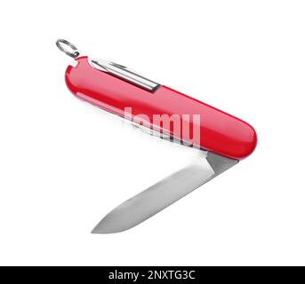 Compact portable multitool with red handle isolated on white, top view Stock Photo