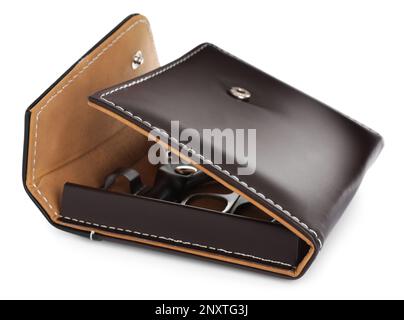 Stylish open case with manicure set isolated on white Stock Photo