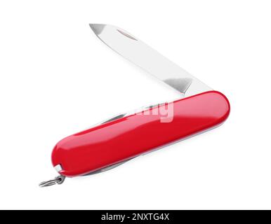 Compact portable multitool with red handle isolated on white, top view Stock Photo