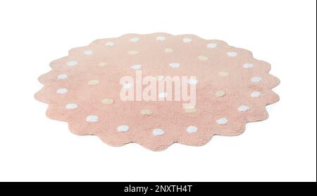 Round pink rug with polka dot pattern isolated on white Stock Photo