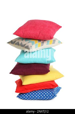 Stack of colorful decorative pillows on white background Stock Photo