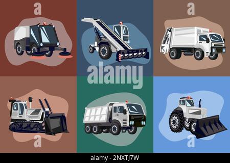 Municipal transport set of flat road cleaning vehicles and trucks on color background isolated vector illustration Stock Vector