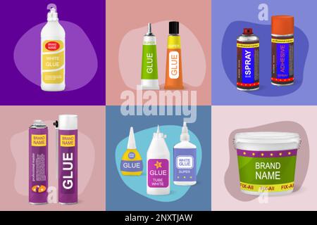 Glue spray bottles containers sticks tubes on color background flat set isolated vector illustration Stock Vector