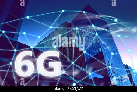 6G network wireless system. Beautiful cityscape and network connection lines Stock Photo