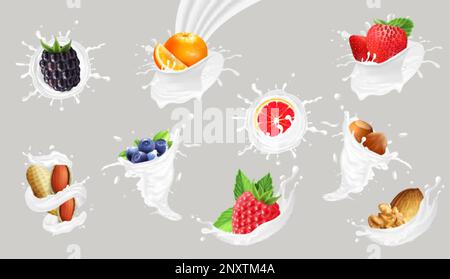 Realistic fruits berries and nuts in milk splashes isolated on grey background vector illustration Stock Vector