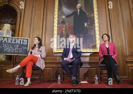 Washington, United States. 01st Mar, 2023. (L-R) House Republican Conference Chairwoman Elise Stefanik, R-NY, Speaker of the House Kevin McCarthy, R-CA, and Rep. Julia Letlow, R-LA, look on during a news conference on the introduction of the 'Parents Bill of Rights' in the Rayburn Room at the U.S. Capitol in Washington, DC on Wednesday, March 1, 2023. Photo by Bonnie Cash/UPI Credit: UPI/Alamy Live News Stock Photo