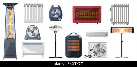 Flat set of various heating appliances with infrared heater conditioner electric fan radiator isolated on white background vector illustration Stock Vector