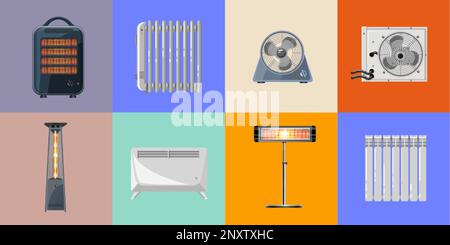 Heaters set in flat style with various house and outdoor heating appliances on color background isolated vector illustration Stock Vector