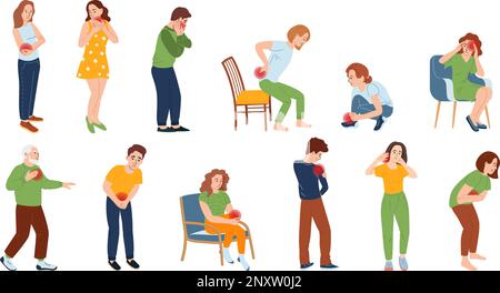 Physical pain and injury flat set of isolated icons with suffering people characters on blank background vector illustration Stock Vector