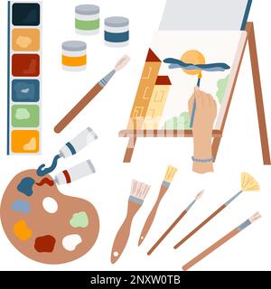 Hands craft flat composition with isolated icons of paint palette brushes of various thickness and easel vector illustration Stock Vector