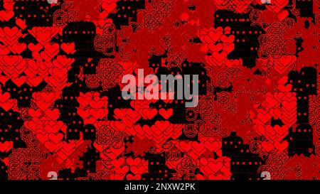 Black and red retro surface with tiny shimmering hearts. Design. Many pixelated blinking colorful heart shapes Stock Photo