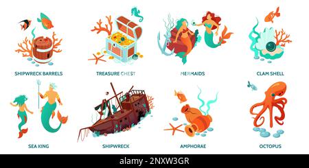 Set with isolated isometric underwater world mermaid icons with ...