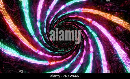 Abstract rotating neon colorful disco tunnel. Design. Led light lamps creating effect of tornado on a black background Stock Photo