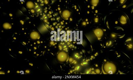 Abstract endless reality with 3D spheres flying through rings on a dark background. Design. Glowing balls and circles Stock Photo