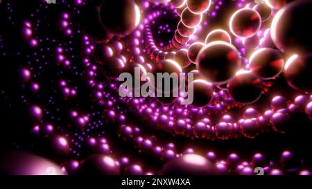 Dynamic colorful pattern of 3D swirl of small glowing spheres. Design. Rotating tornado of purple balls Stock Photo