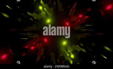 Science fiction background with spinning parts of a mechanism. Design. Rotating tunnel wih glowing blinking light lamps Stock Photo