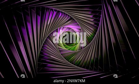 Spinning fractal shaped tunnel. Design. Rotating changing color zigzag tunnel with a circle in the middle Stock Photo