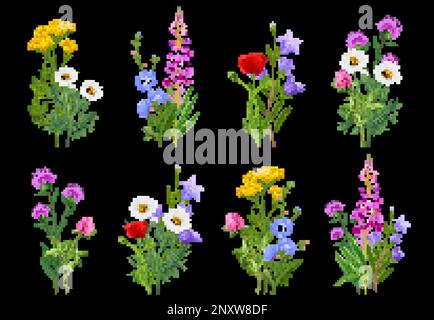 Realistic wildflower bundles icons set on black background isolated vector illustration Stock Vector