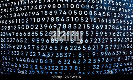 Concept of science, math code changing all over the screen. Motion. Many numbers and endless cyber space with connected lines and dots Stock Photo