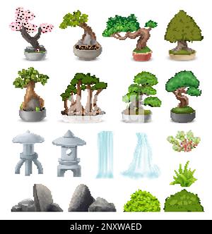Realistic japanese bonsai tree icons set with natural stone garden ...
