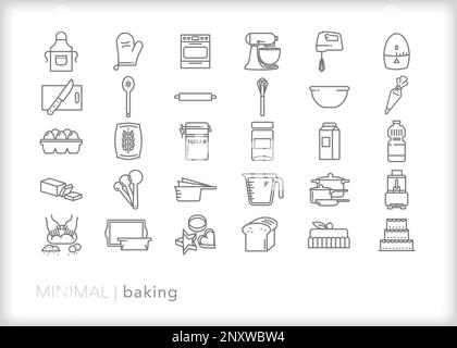 Set of 30 baking line icons of ingredients and equipment for a home baker of bread or sweets Stock Vector