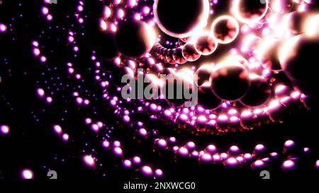 Fast rotating pink glowing beads bright background. Design. Tornado of particles on a black background Stock Photo