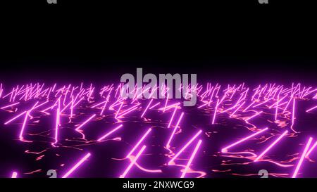 Abstract neon sticks on a wavy surface in the dark. Design. Floating 3D lines in a black abstract endless lake Stock Photo