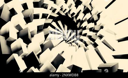 Dynamic monochrome pattern of 3D swirl of small 3d rectangles. Design. Tornado of black and white cubic shapes Stock Photo