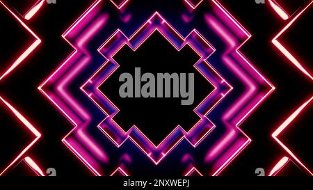 Moving fractal shaped tunnel. Design. Pink rhombus neon lines moving and pulsating on a black background Stock Photo