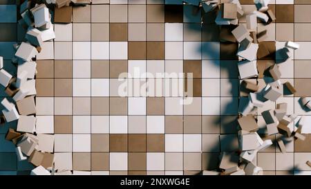 Abstract mosaic tile wall with flying 3D mosaic tiles from the inside of the wall. Design. Rectangular particles creating a circle shape and spreading Stock Photo
