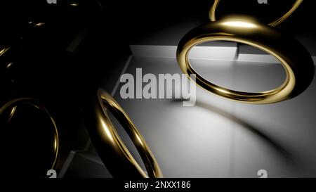 Abstract flying and spinning metal gold rings background. Design. Rotating round silhouettes of metal silhouettes Stock Photo