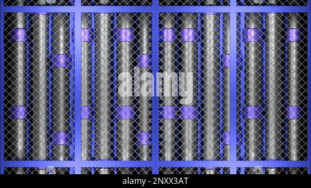 Abstract rows of metal pipes behind metal grid. Design. Abstract industrial background with silver tubes behind the fence Stock Photo