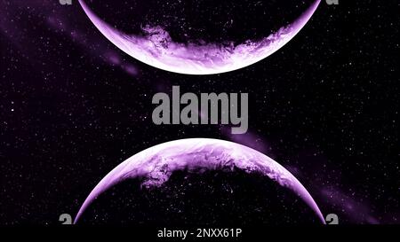 Abstract two spinning planets in outer space. Motion. Purple twin rotating planets and starry cosmos on the background Stock Photo