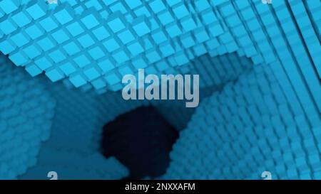 Abstract 3D structure of neon cubes formations flowing on a black background. Design. Waving texture of cubes Stock Photo