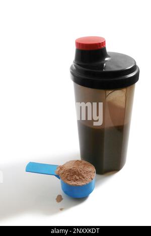 Shaker and Cup of Protein Powder Isolated on White Stock Image