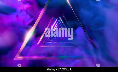 Flying inside futuristic abstract tunnel of metallic triangles and smoke. Design. Endless triangular metal shapes Stock Photo