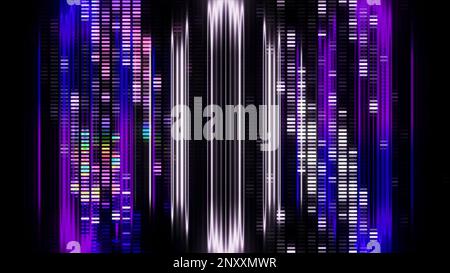 Green and purple lines on a black background. Motion.Bright multicolored light in different sections of the footage in 3d format shines and moves in d Stock Photo