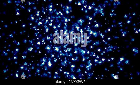 Abstract shining reflective blue particles flying on a black background. Motion. Blue pieces of glass Stock Photo