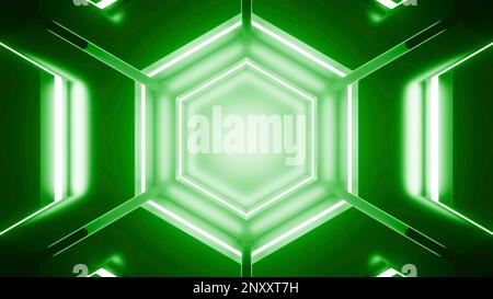 Hexagonal pattern with flashing neon lines. Design. Neon lines in geometric pattern. Geometric technological pattern with neon lines moving in futuris Stock Photo
