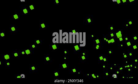 Moving flow of pulsating 3d squares. Design. A lot of 3d squares moving in stream. 3D squares fly in space on black background. Stock Photo