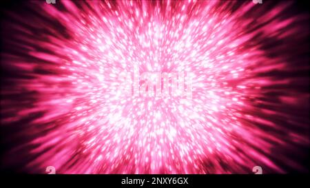 Stream of particles is absorbed and explodes. Motion. Bright particles disappear at point and explode in stream on black background. Explosion of brig Stock Photo