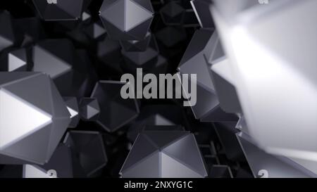 Space with many polygonal shapes. Design. Polygonal geometric shapes move in stream on black background. Lots of geometric 3d shapes in flow. Stock Photo