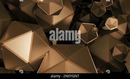 Space with many polygonal shapes. Design. Polygonal geometric shapes move in stream on black background. Lots of geometric 3d shapes in flow. Stock Photo