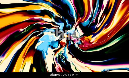 Moving flow of colorful spiral of paints. Motion. Slowing down flow of colors in moving spiral on black background. Spiral of liquid curved lines of p Stock Photo