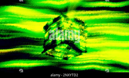 Bright blurry animation of cube and glow. Motion. 3D cube moves apart and glows brightly in cyberspace. Mysterious cyber cube with glowing bright spac Stock Photo