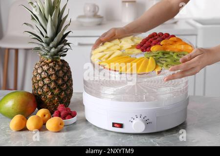 Woman putting tray with cut fruits into dehydrator machine at grey marble table in kitchen, closeup Stock Photo
