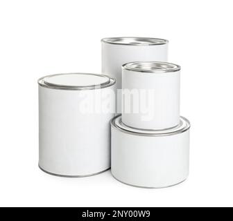 Closed blank cans of paint on white background Stock Photo - Alamy