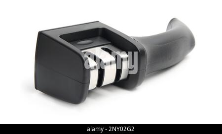Modern black handheld sharpener isolated on white Stock Photo